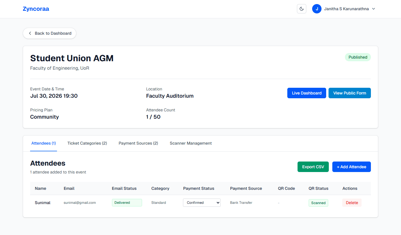 Zyncoraa dashboard showing the attendees tab for Student Union AGM with attendee table, payment status, and QR code columns