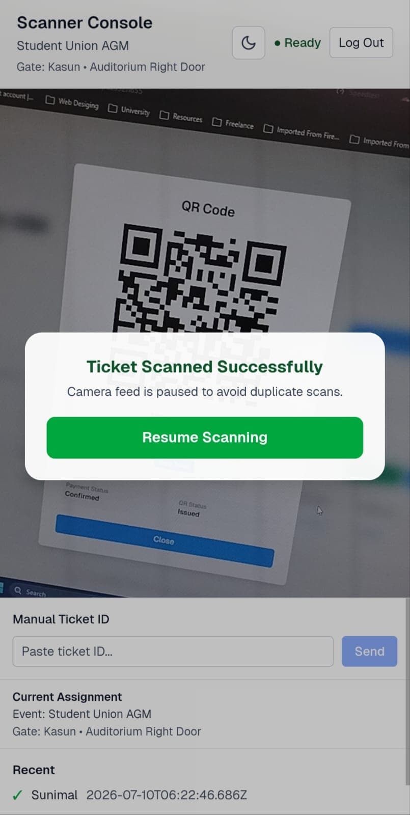 Mobile scanner app showing 'Ticket Scanned Successfully' and 'Entry approved: Sunimal' confirmation screen